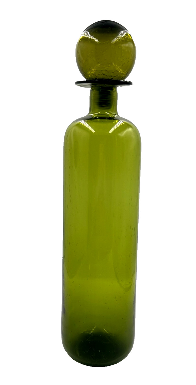 Olive Green Seeded Glass Decanter Apothecary Art Glass Bottle Bubble Stopper
